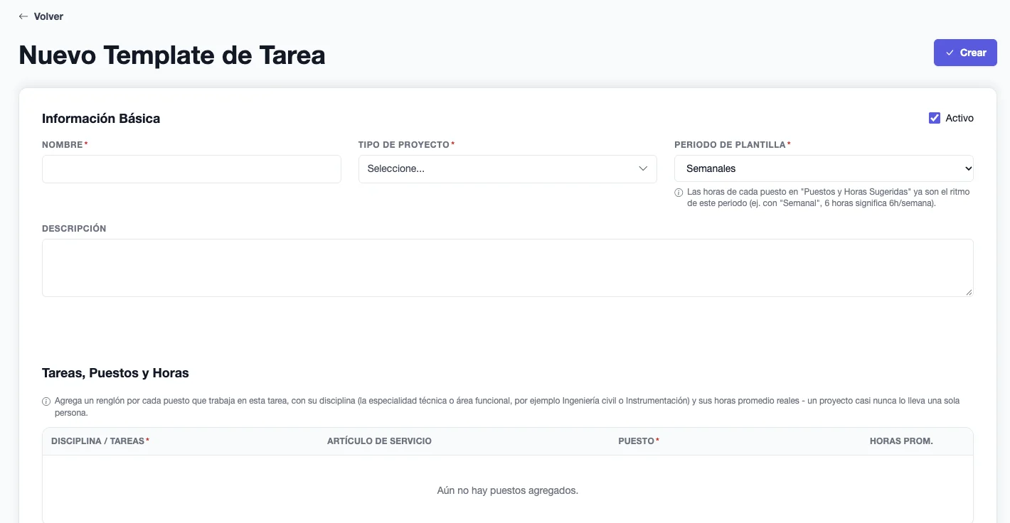 Formulario Nuevo Template de Tarea con nombre, tipo de proyecto, periodo de plantilla y la tabla de disciplina, artículo de servicio, puesto y horas promedio