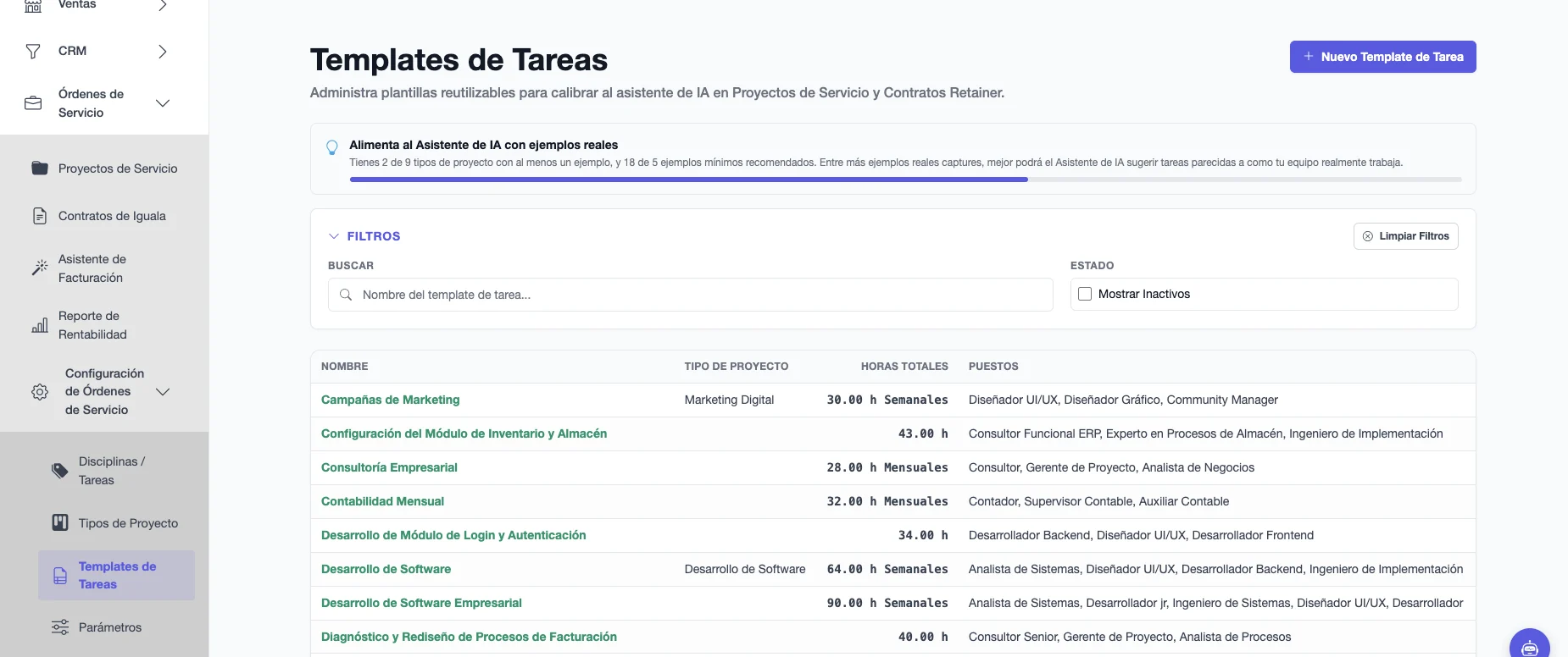 Listado de Templates de Tareas con tipo de proyecto, horas totales por periodo y puestos de cada plantilla