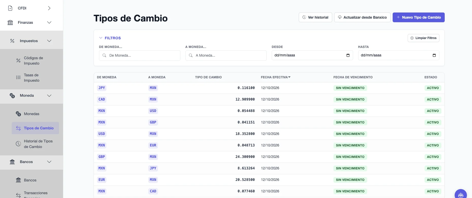 Lista de Tipos de Cambio con moneda de origen, moneda de destino, tipo de cambio, fecha efectiva, fecha de vencimiento y estado