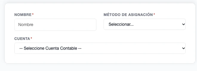 Formulario Crear Tipo de Costo con nombre, método de asignación y cuenta contable