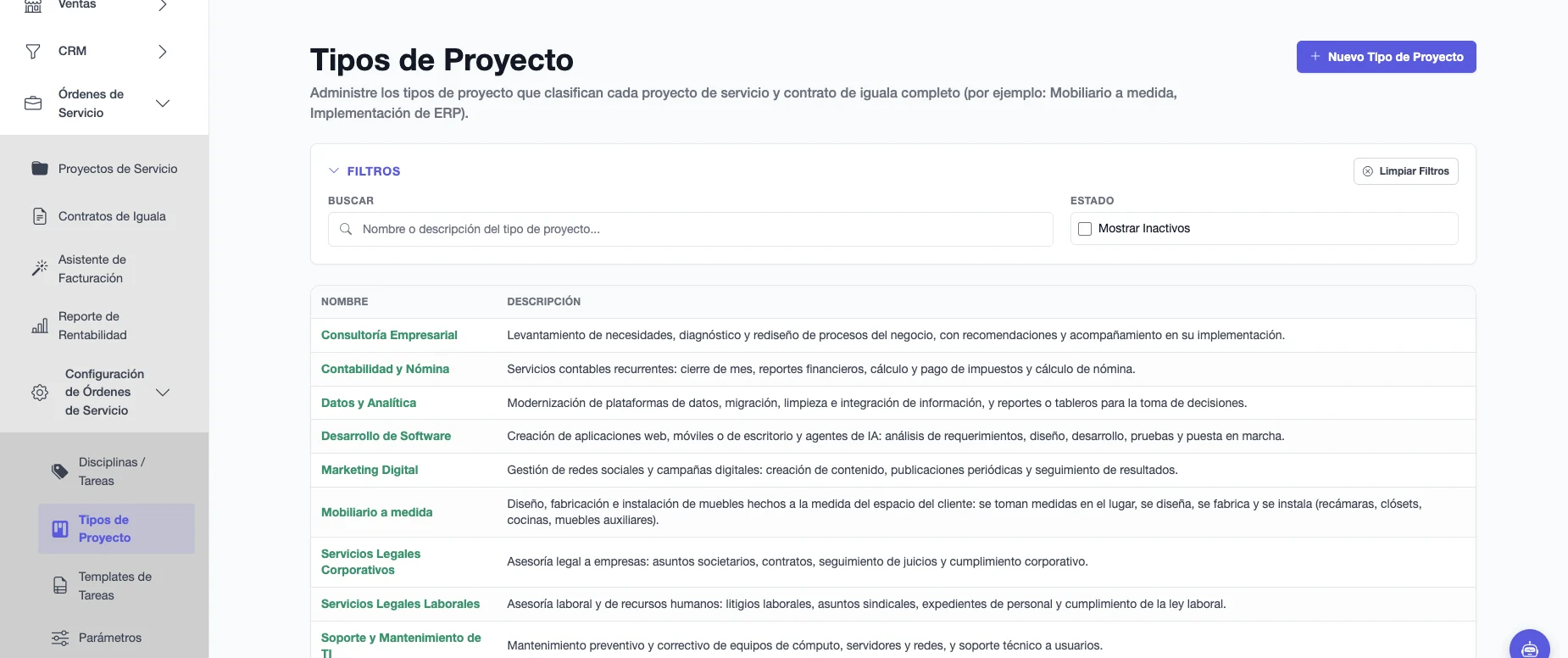 Catálogo de Tipos de Proyecto con nombre y descripción, como Consultoría Empresarial, Desarrollo de Software y Mobiliario a medida