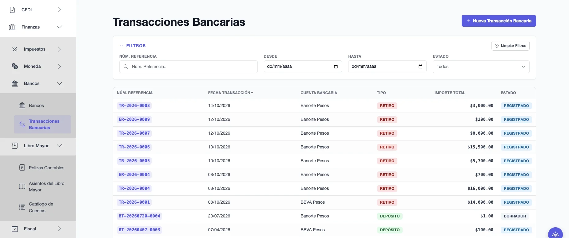 Lista de Transacciones Bancarias con número de referencia, fecha, cuenta bancaria, tipo de depósito o retiro, importe y estado