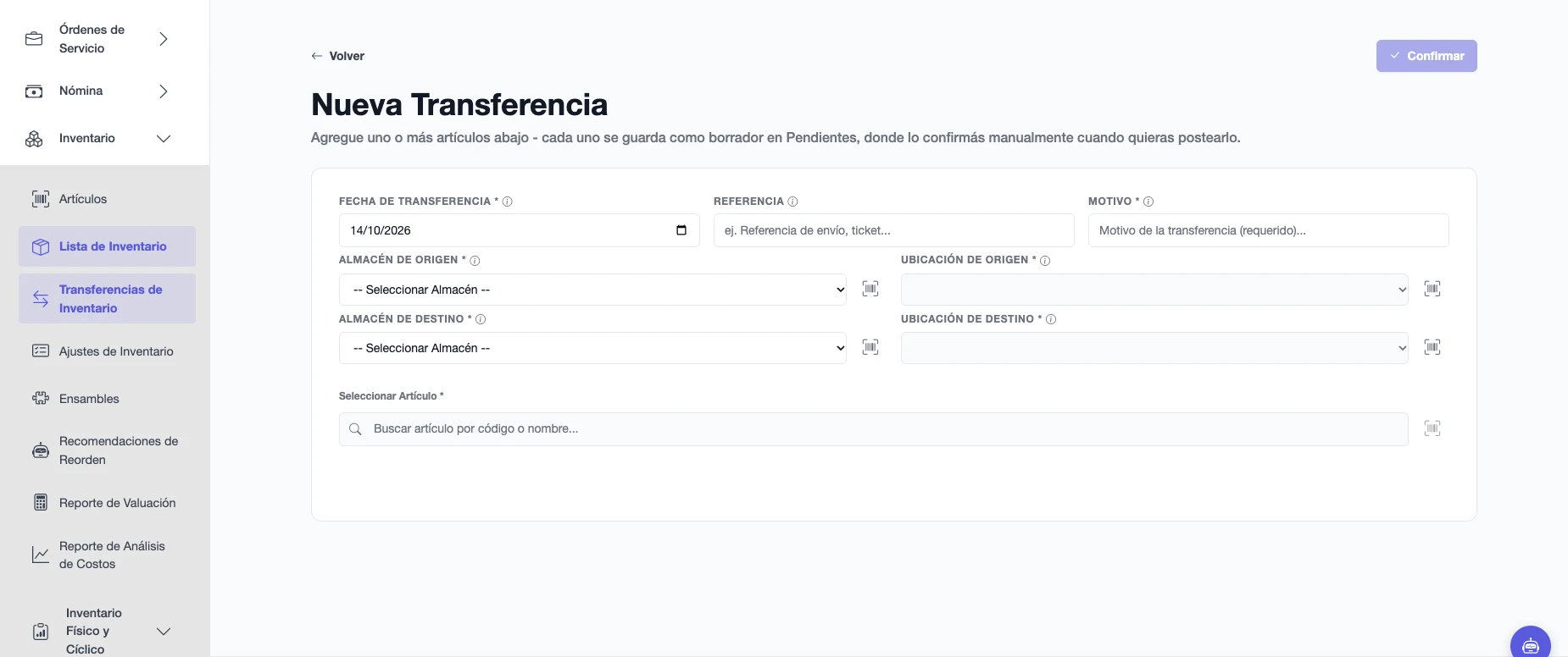 Formulario de transferencia por artículo con origen, destino, fecha, referencia y motivo