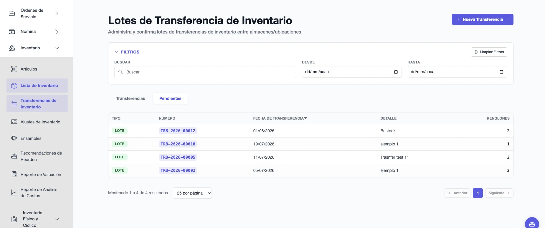 Lista de transferencias de inventario con número, fecha, referencia y cantidad de partidas