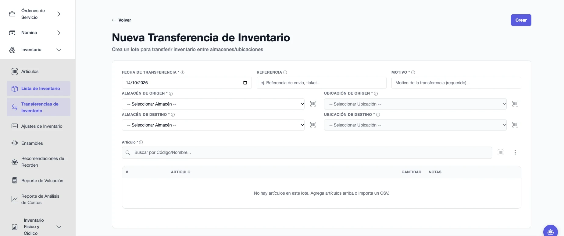 Formulario de transferencia por lote con almacenes y ubicaciones de origen y destino, motivo y artículos