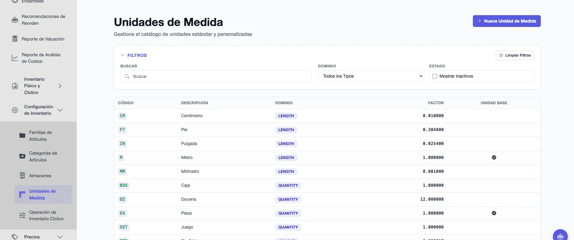Catálogo de Unidades de Medida con código, descripción, dominio, factor de conversión y la marca de unidad base