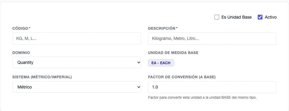 Formulario Nueva Unidad de Medida con código, descripción, dominio, sistema, unidad base y factor de conversión